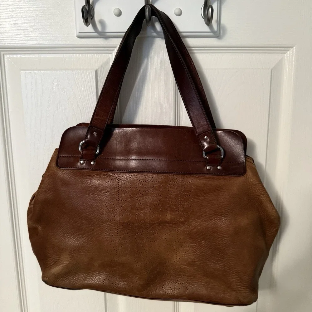 Orla Kiely Vintage Leather Shoulder Top Handle Bag Purse Brown Floral Detail